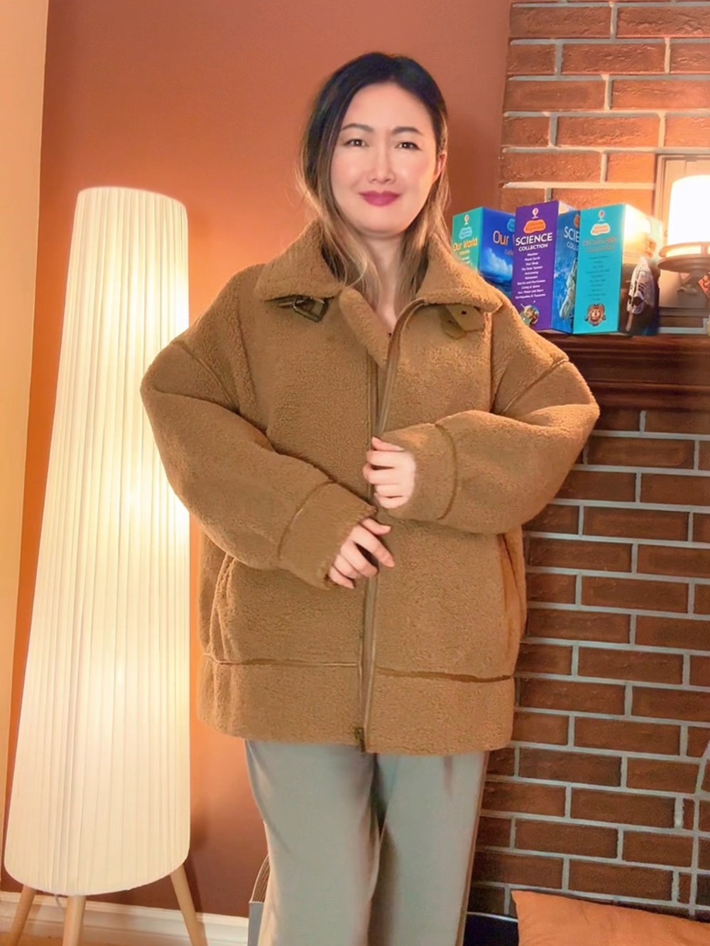 OAK + FORT Camel Teddy Zip-Up Jacket